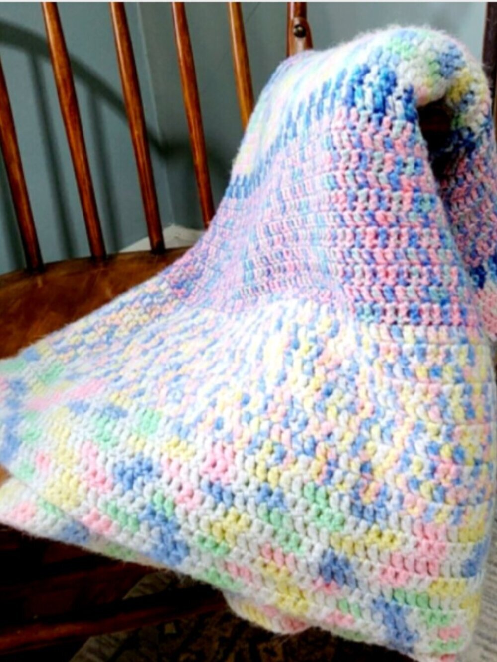 Handmade Crochet Afghan Blanket 52x49 Pastel Striped Knit Throw Spring Nursery